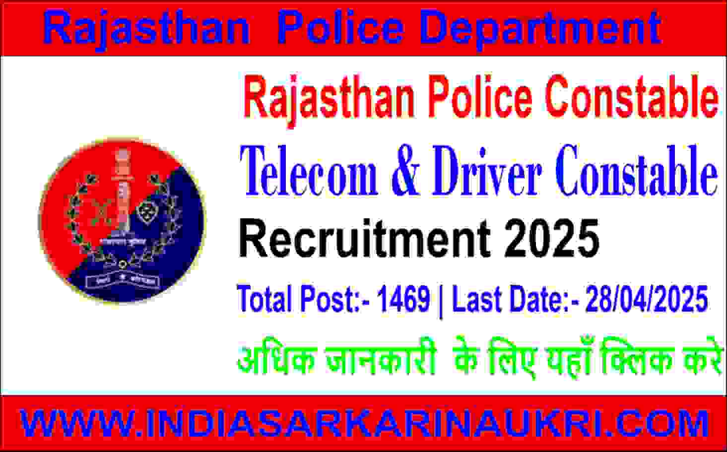 Rajasthan Police Telecom & Driver Constable Recruitment 2025 Apply Online for 1469 Posts